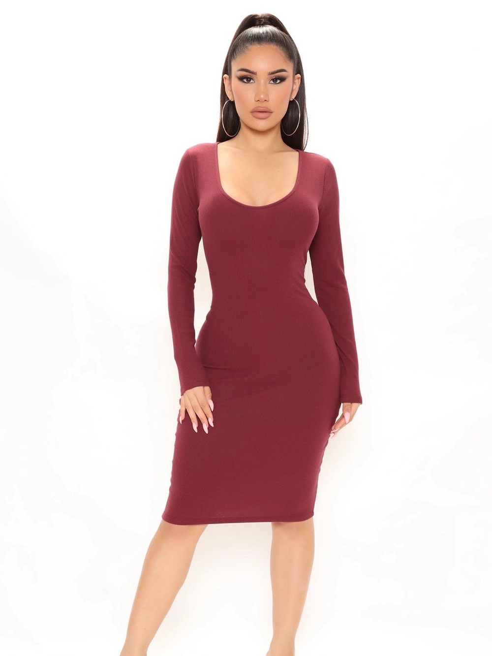 Fashion Nova Ribbed Long Sleeve Midi Dress - Burgundy